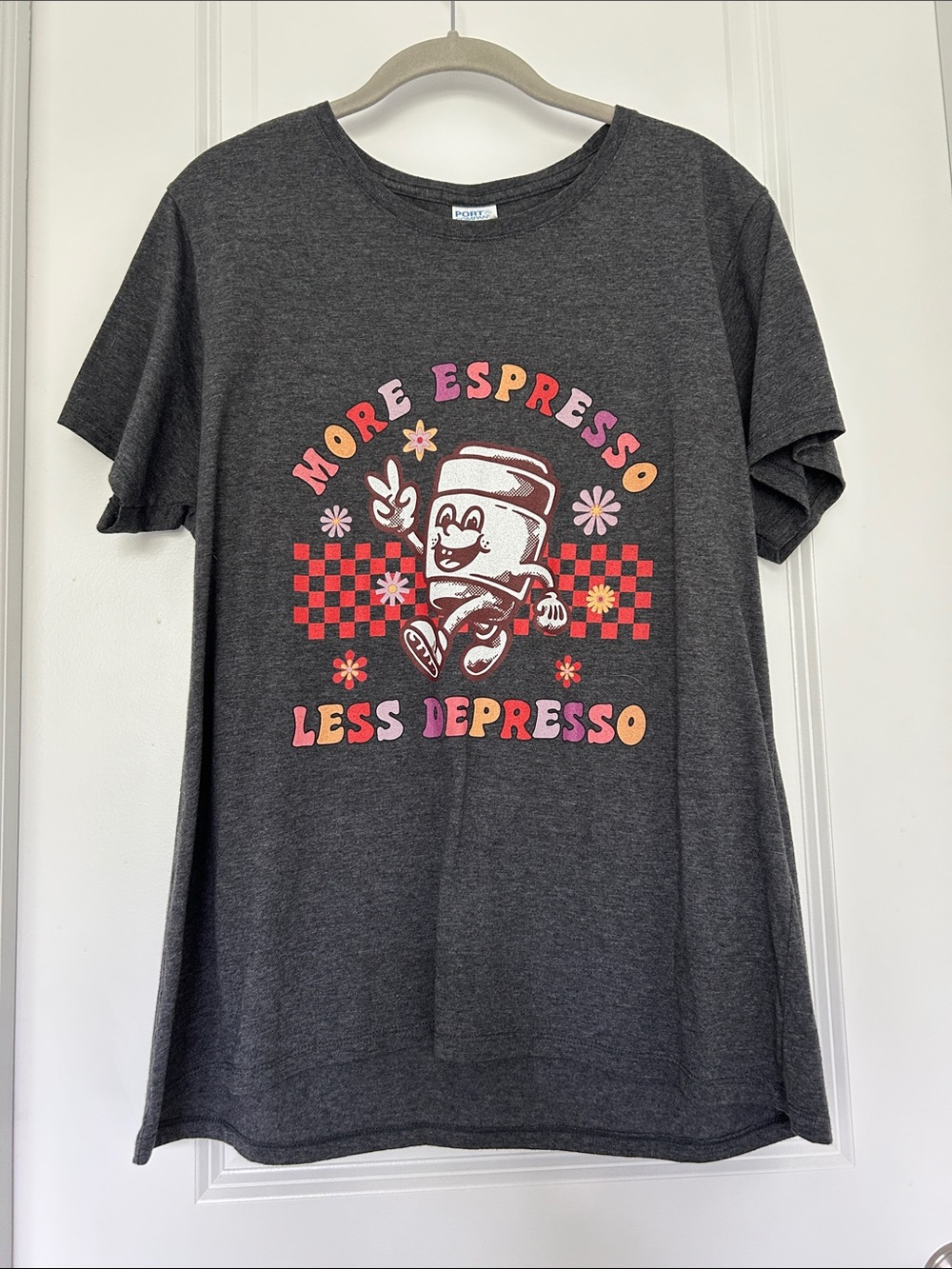 Port and Company Charcoal Short Sleeve Tee with Colorful Espresso Graphic